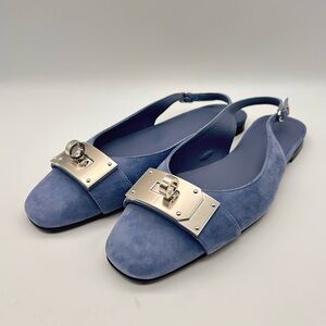 HERMES Innocente Ballerina Slingback Pumps Blue Suede Bleu Ciel 37 New in Box
